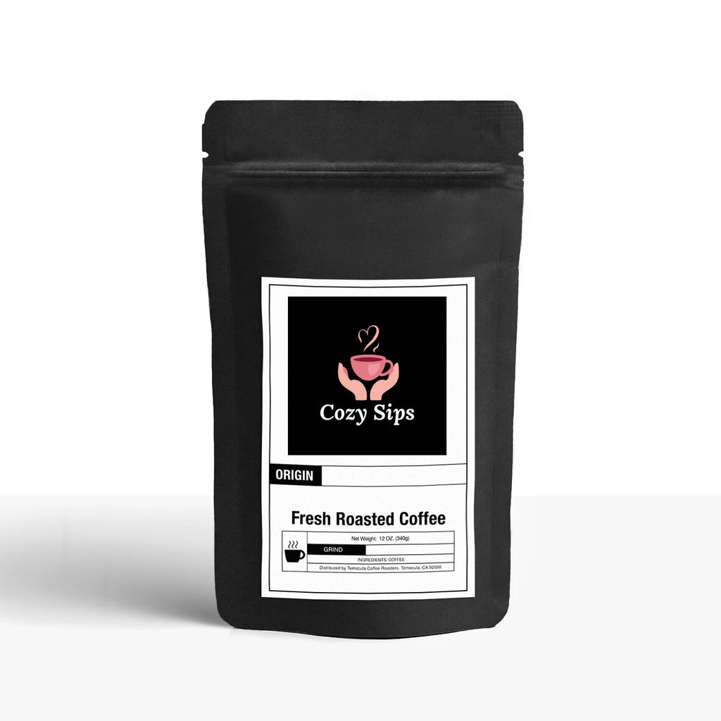 Latin American blend coffee bag on a wooden counter — medium-dark roast, multi-origin blend