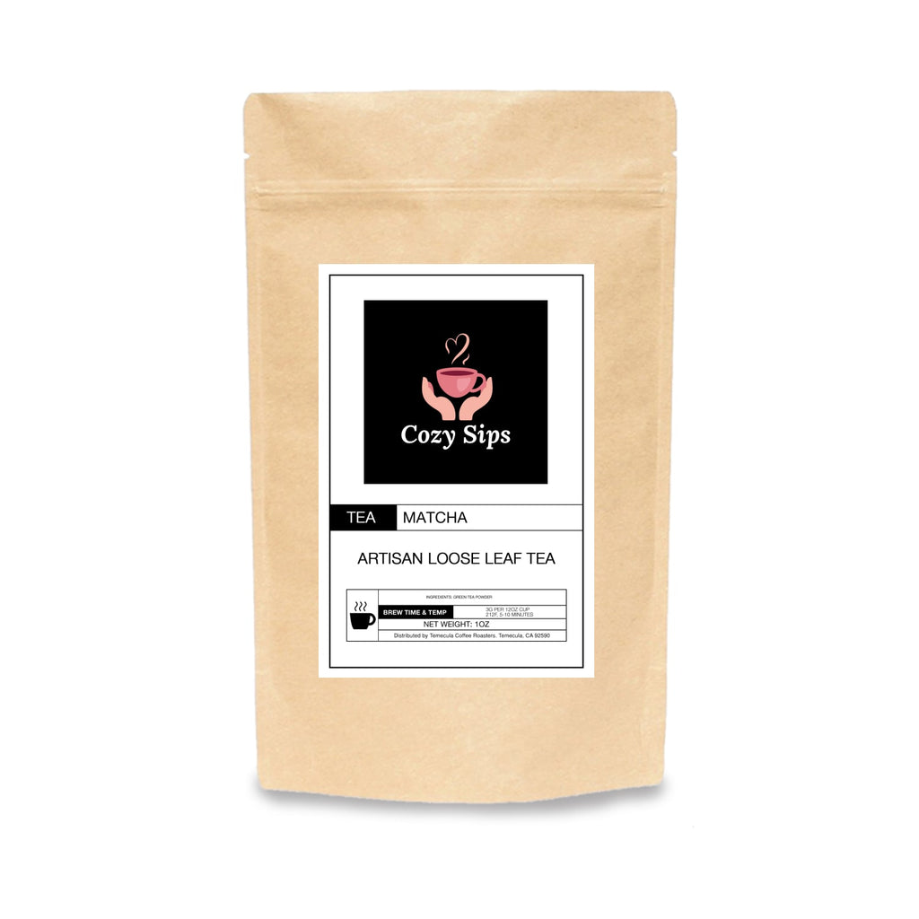 Matcha loose leaf tea bag on a wooden counter — calming green tea blend